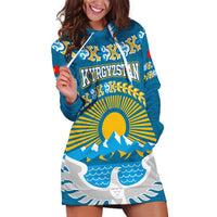 Kyrgyzstan Mountain Sunrise Hoodie Dress with Blue with Eagle, Sun, and National Flag Design