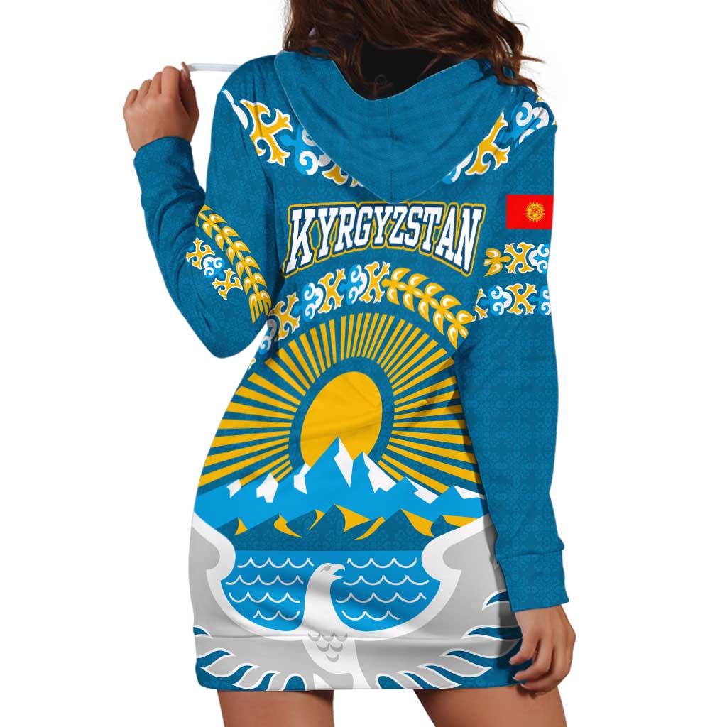 Kyrgyzstan Mountain Sunrise Hoodie Dress with Blue with Eagle, Sun, and National Flag Design