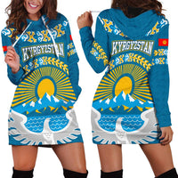 Kyrgyzstan Mountain Sunrise Hoodie Dress with Blue with Eagle, Sun, and National Flag Design