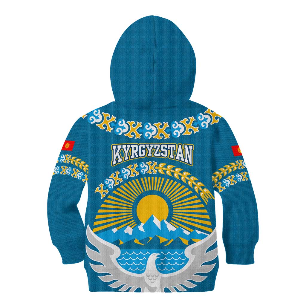 Kyrgyzstan Mountain Sunrise Kid Hoodie with Blue with Eagle, Sun, and National Flag Design