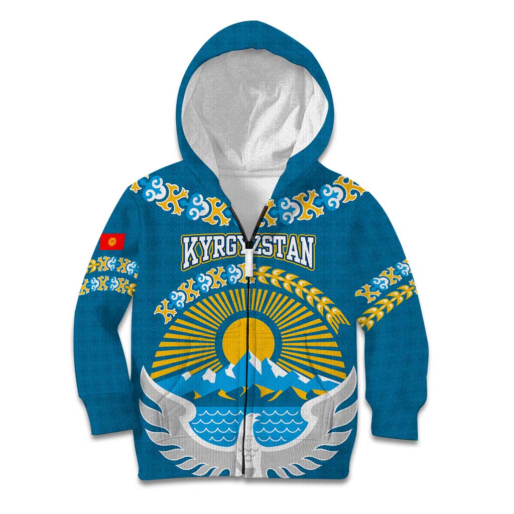 Kyrgyzstan Mountain Sunrise Kid Hoodie with Blue with Eagle, Sun, and National Flag Design