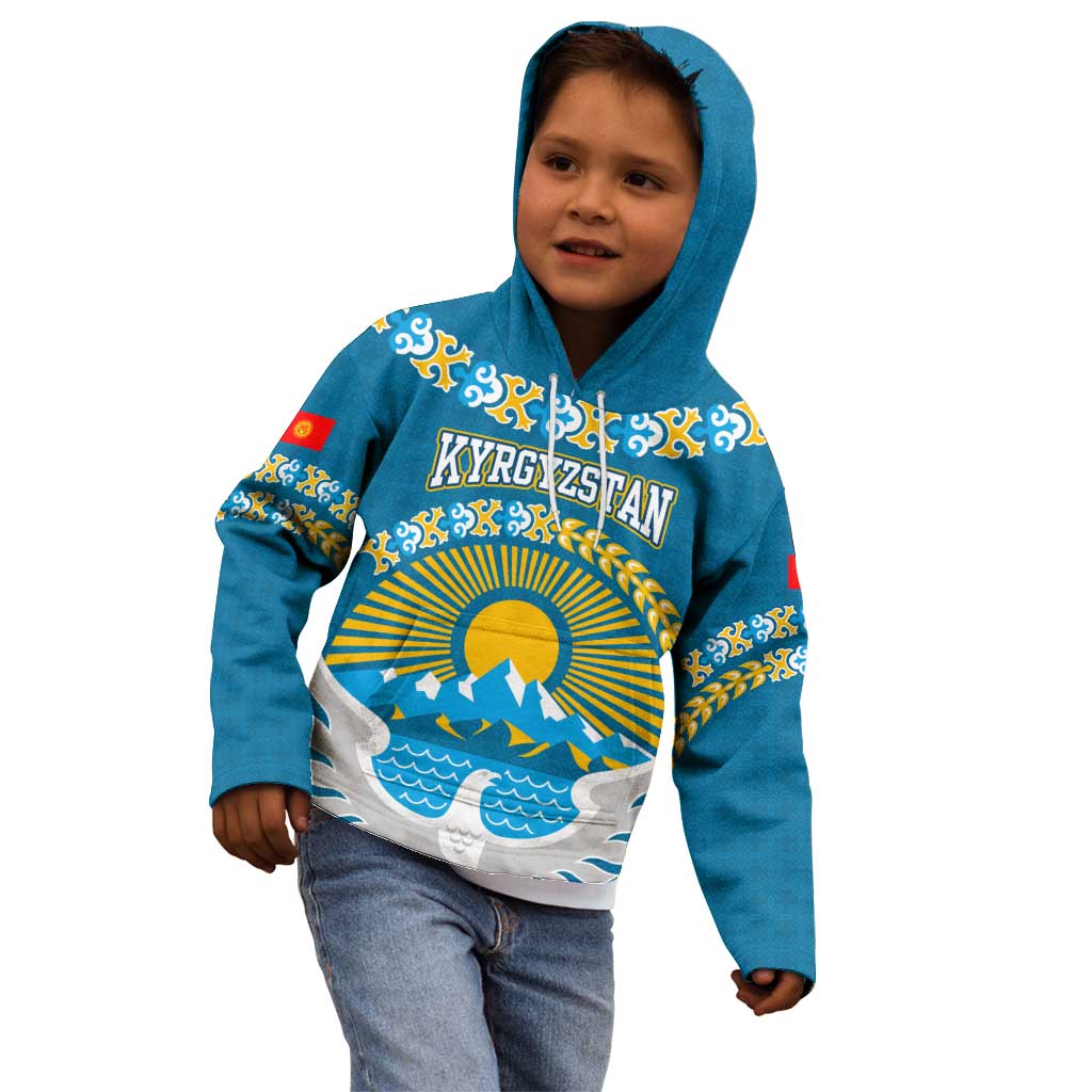 Kyrgyzstan Mountain Sunrise Kid Hoodie with Blue with Eagle, Sun, and National Flag Design