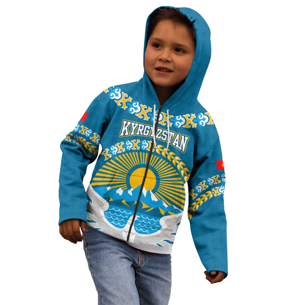 Kyrgyzstan Mountain Sunrise Kid Hoodie with Blue with Eagle, Sun, and National Flag Design
