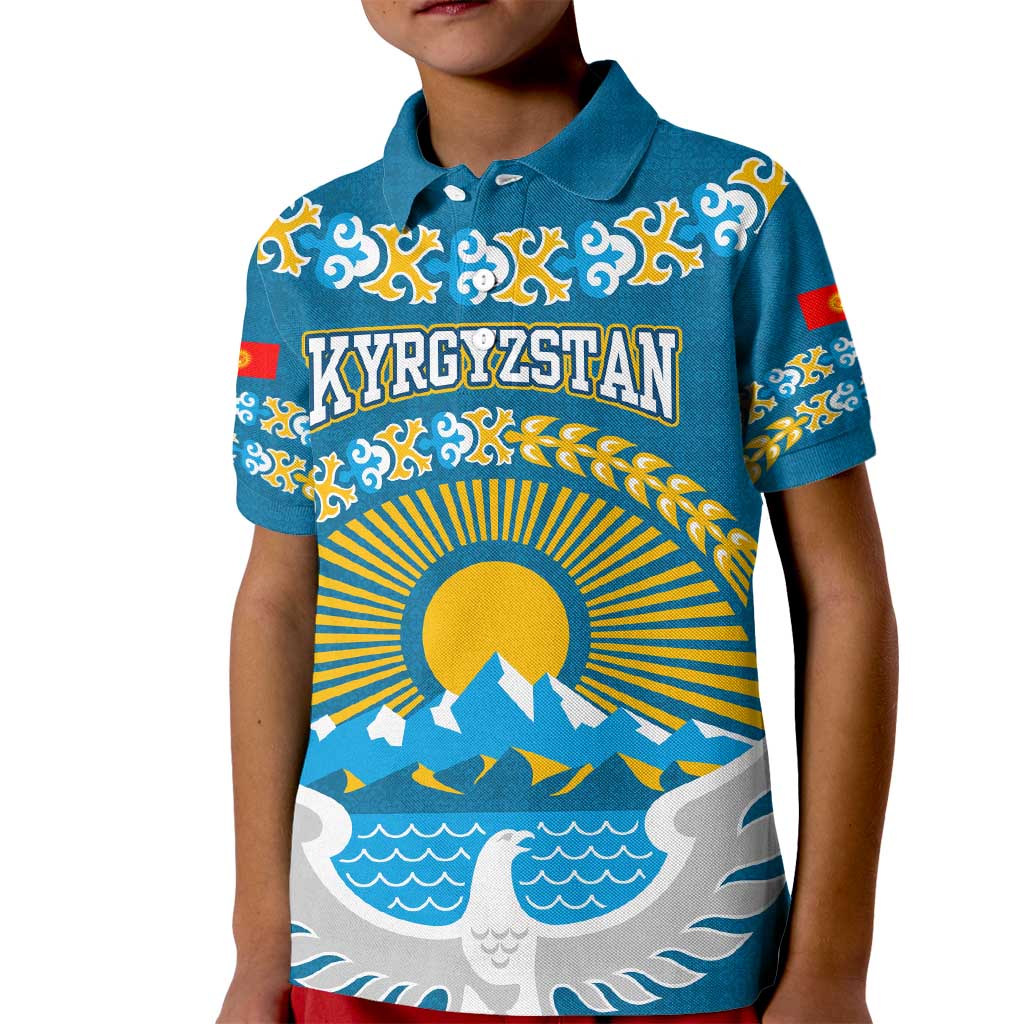 Kyrgyzstan Mountain Sunrise Kid Polo Shirt with Blue with Eagle, Sun, and National Flag Design