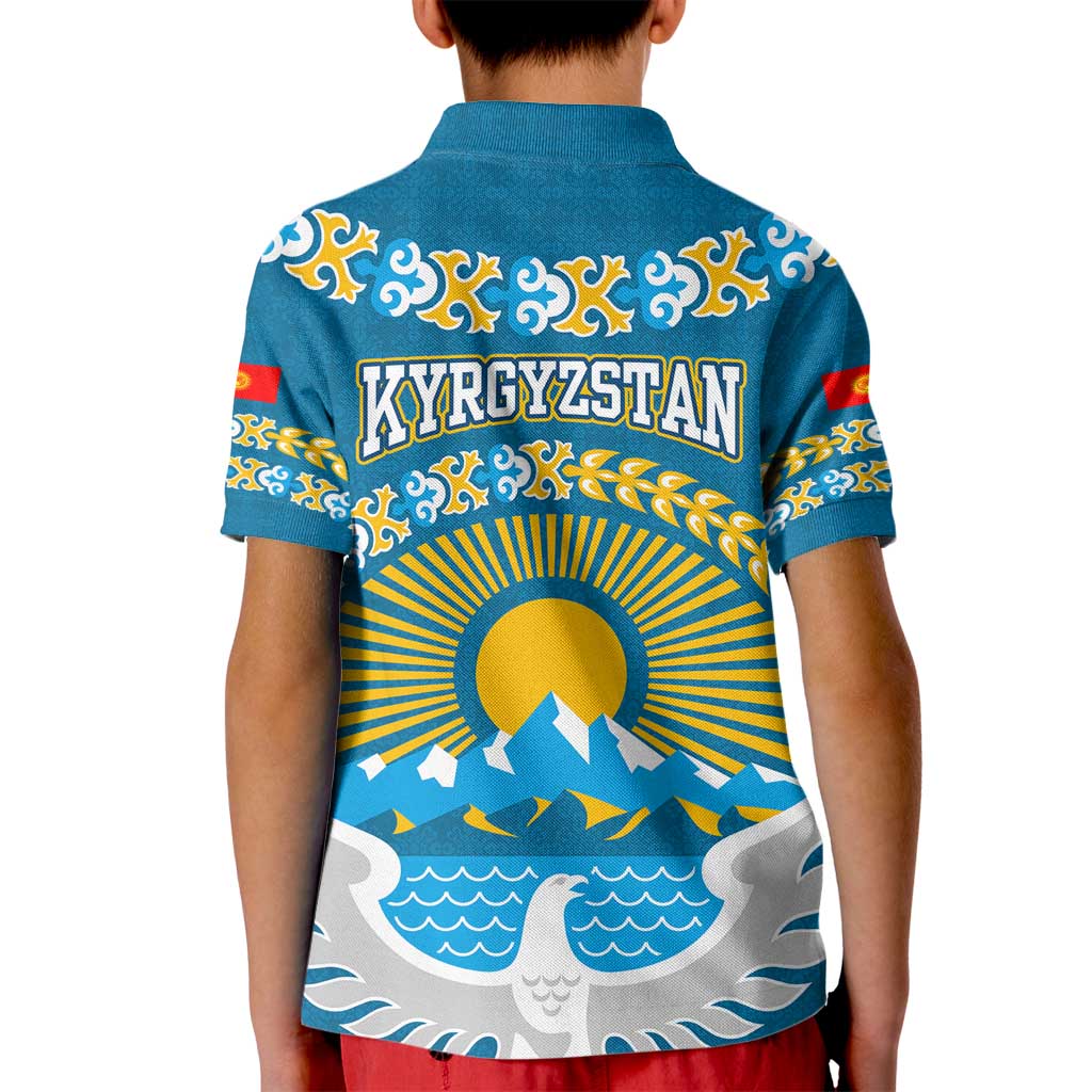 Kyrgyzstan Mountain Sunrise Kid Polo Shirt with Blue with Eagle, Sun, and National Flag Design