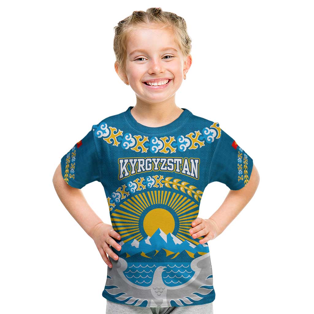 Kyrgyzstan Mountain Sunrise Kid T Shirt with Blue with Eagle, Sun, and National Flag Design