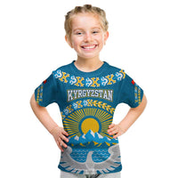 Kyrgyzstan Mountain Sunrise Kid T Shirt with Blue with Eagle, Sun, and National Flag Design