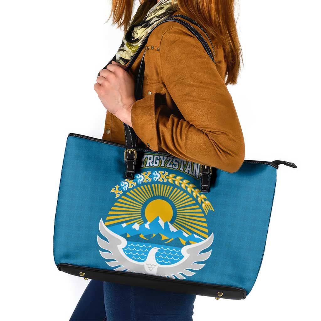 Kyrgyzstan Mountain Sunrise Leather Tote Bag with Blue with Eagle, Sun, and National Flag Design