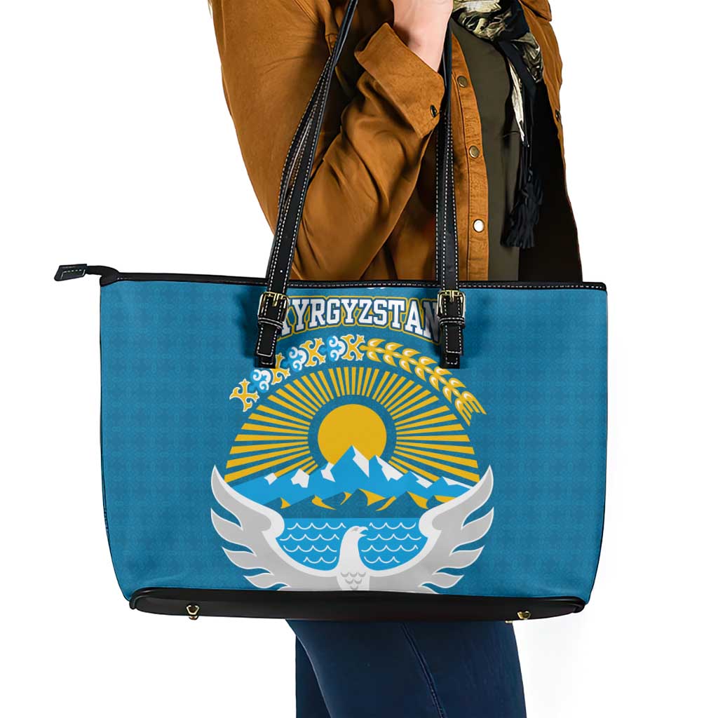 Kyrgyzstan Mountain Sunrise Leather Tote Bag with Blue with Eagle, Sun, and National Flag Design