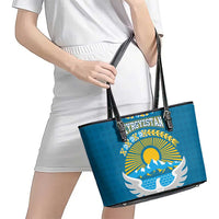 Kyrgyzstan Mountain Sunrise Leather Tote Bag with Blue with Eagle, Sun, and National Flag Design