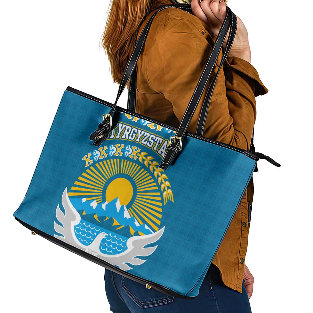 Kyrgyzstan Mountain Sunrise Leather Tote Bag with Blue with Eagle, Sun, and National Flag Design