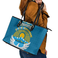 Kyrgyzstan Mountain Sunrise Leather Tote Bag with Blue with Eagle, Sun, and National Flag Design