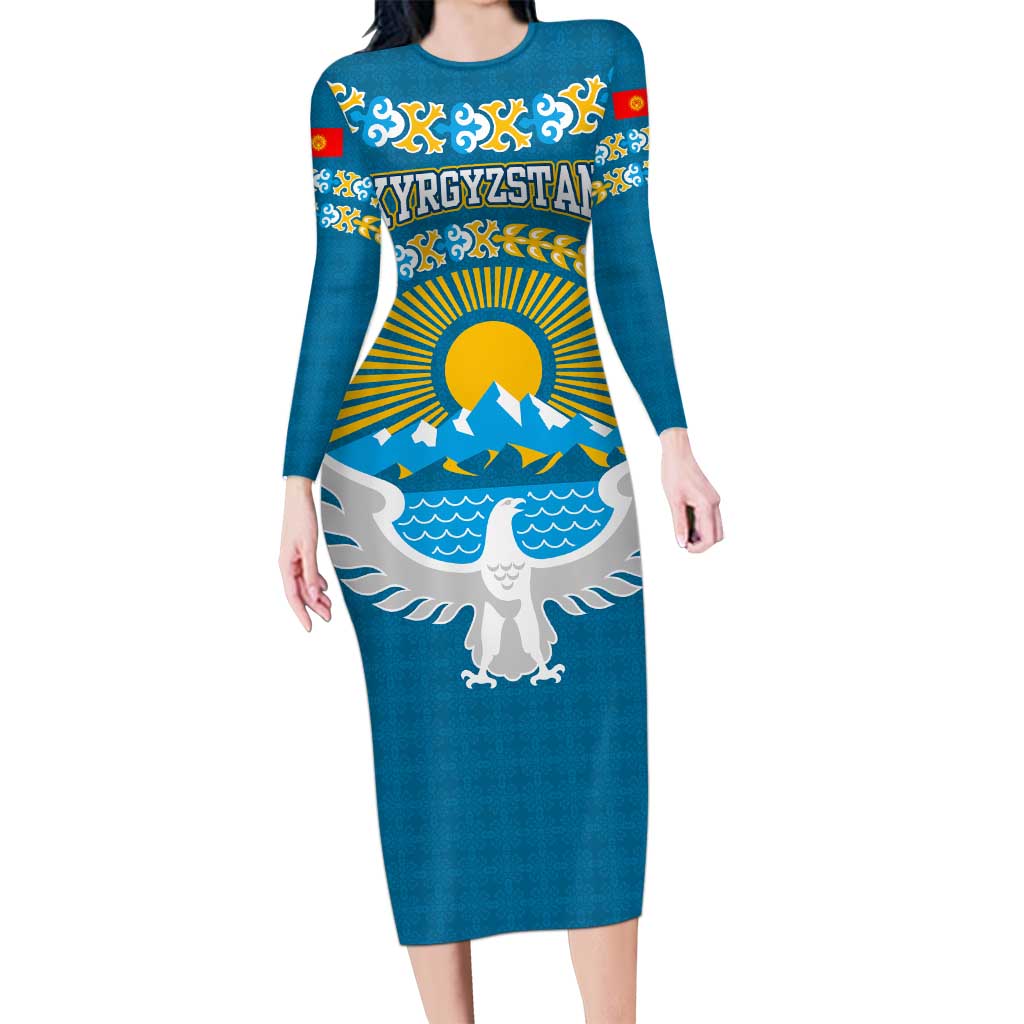 Kyrgyzstan Mountain Sunrise Long Sleeve Bodycon Dress with Blue with Eagle, Sun, and National Flag Design