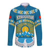 Kyrgyzstan Mountain Sunrise Long Sleeve Button Shirt with Blue with Eagle, Sun, and National Flag Design