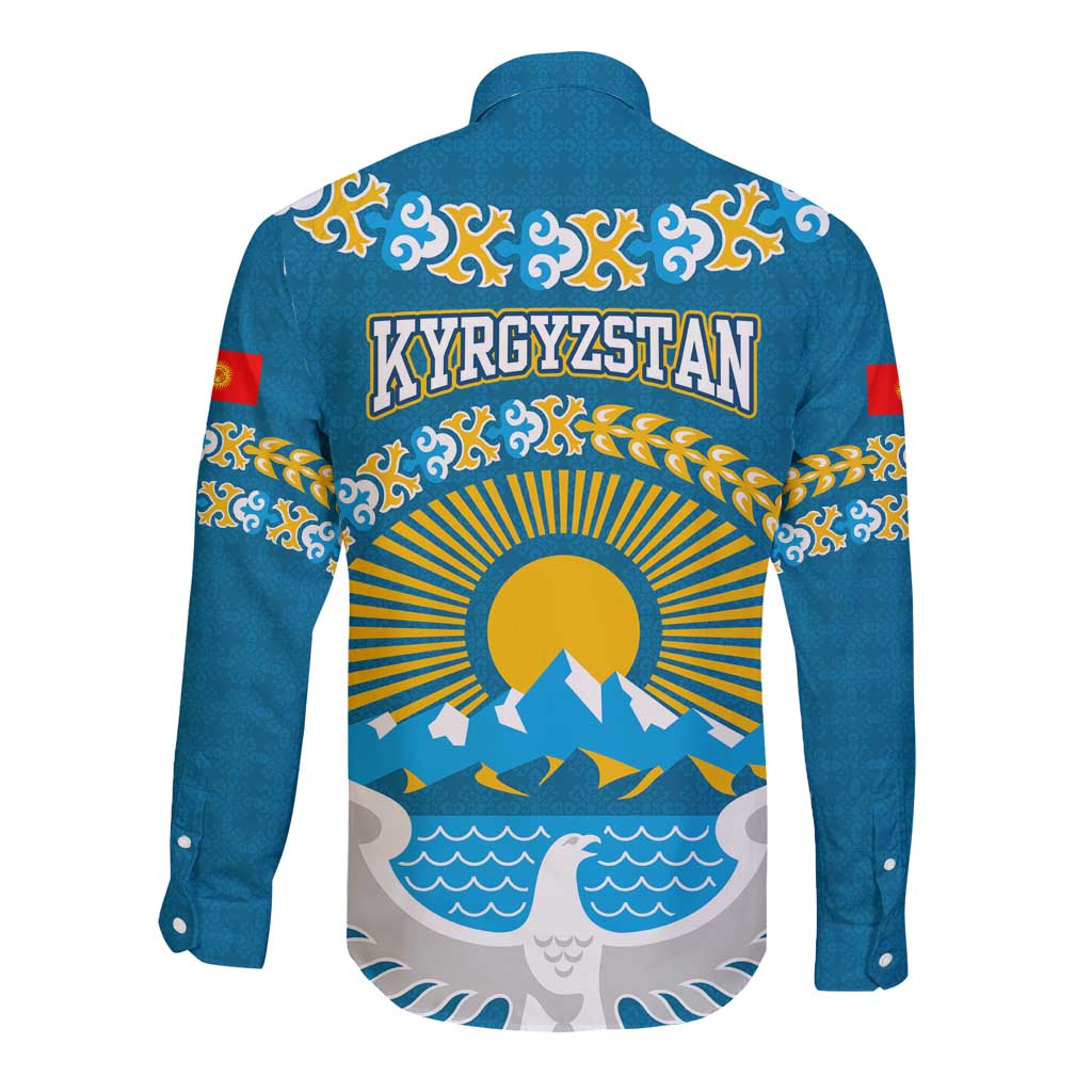 Kyrgyzstan Mountain Sunrise Long Sleeve Button Shirt with Blue with Eagle, Sun, and National Flag Design