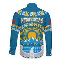 Kyrgyzstan Mountain Sunrise Long Sleeve Button Shirt with Blue with Eagle, Sun, and National Flag Design