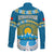 Kyrgyzstan Mountain Sunrise Long Sleeve Button Shirt with Blue with Eagle, Sun, and National Flag Design