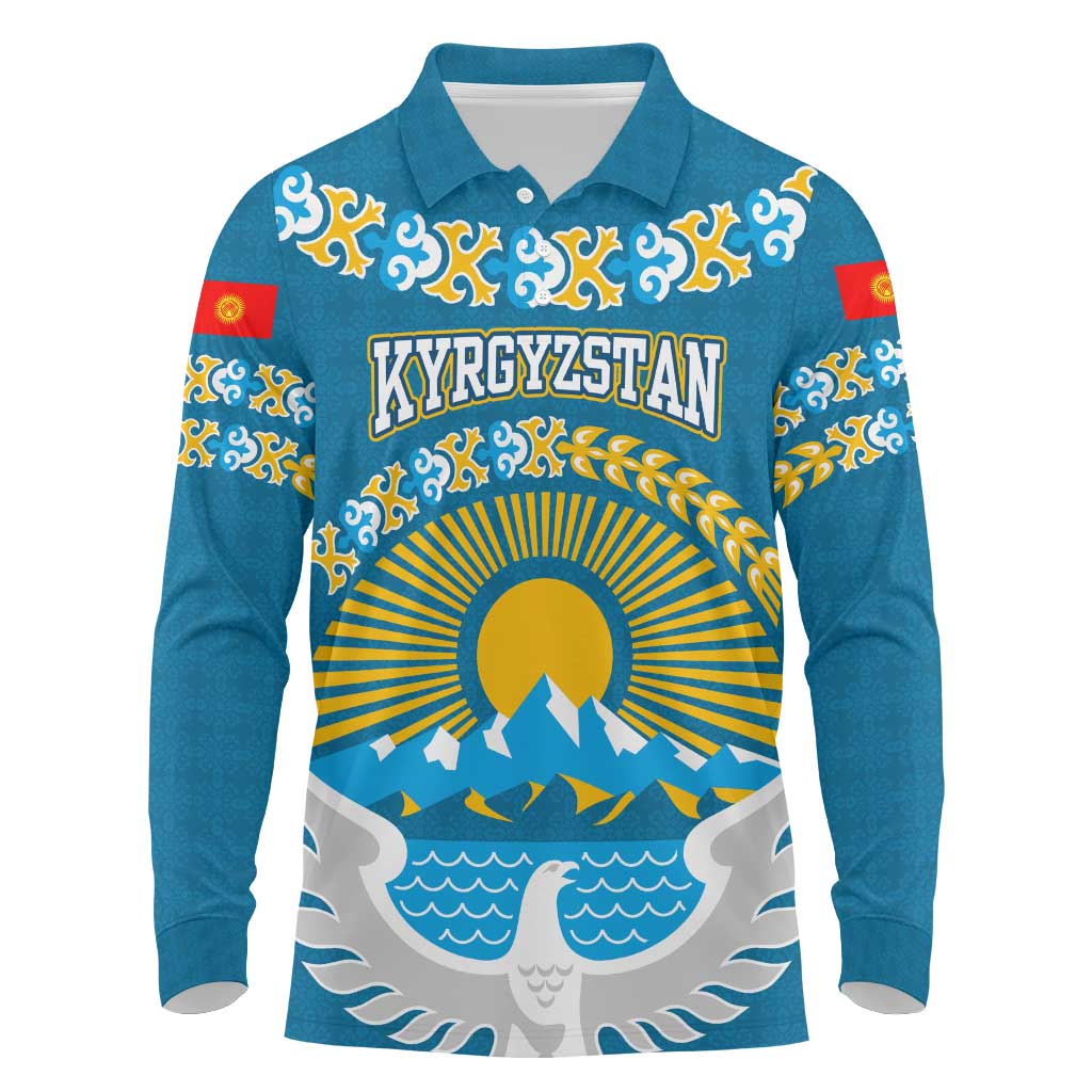 Kyrgyzstan Mountain Sunrise Long Sleeve Polo Shirt with Blue with Eagle, Sun, and National Flag Design