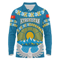 Kyrgyzstan Mountain Sunrise Long Sleeve Polo Shirt with Blue with Eagle, Sun, and National Flag Design