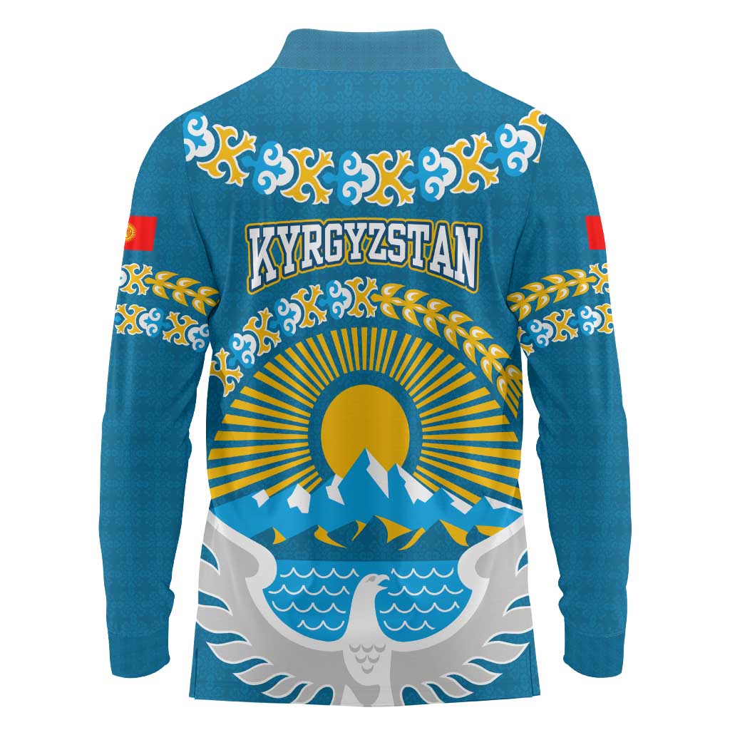 Kyrgyzstan Mountain Sunrise Long Sleeve Polo Shirt with Blue with Eagle, Sun, and National Flag Design