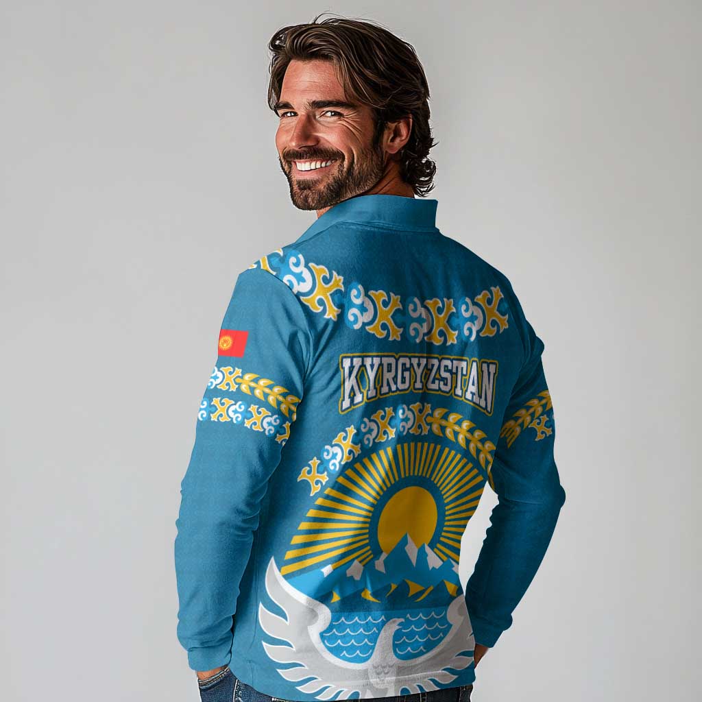 Kyrgyzstan Mountain Sunrise Long Sleeve Polo Shirt with Blue with Eagle, Sun, and National Flag Design