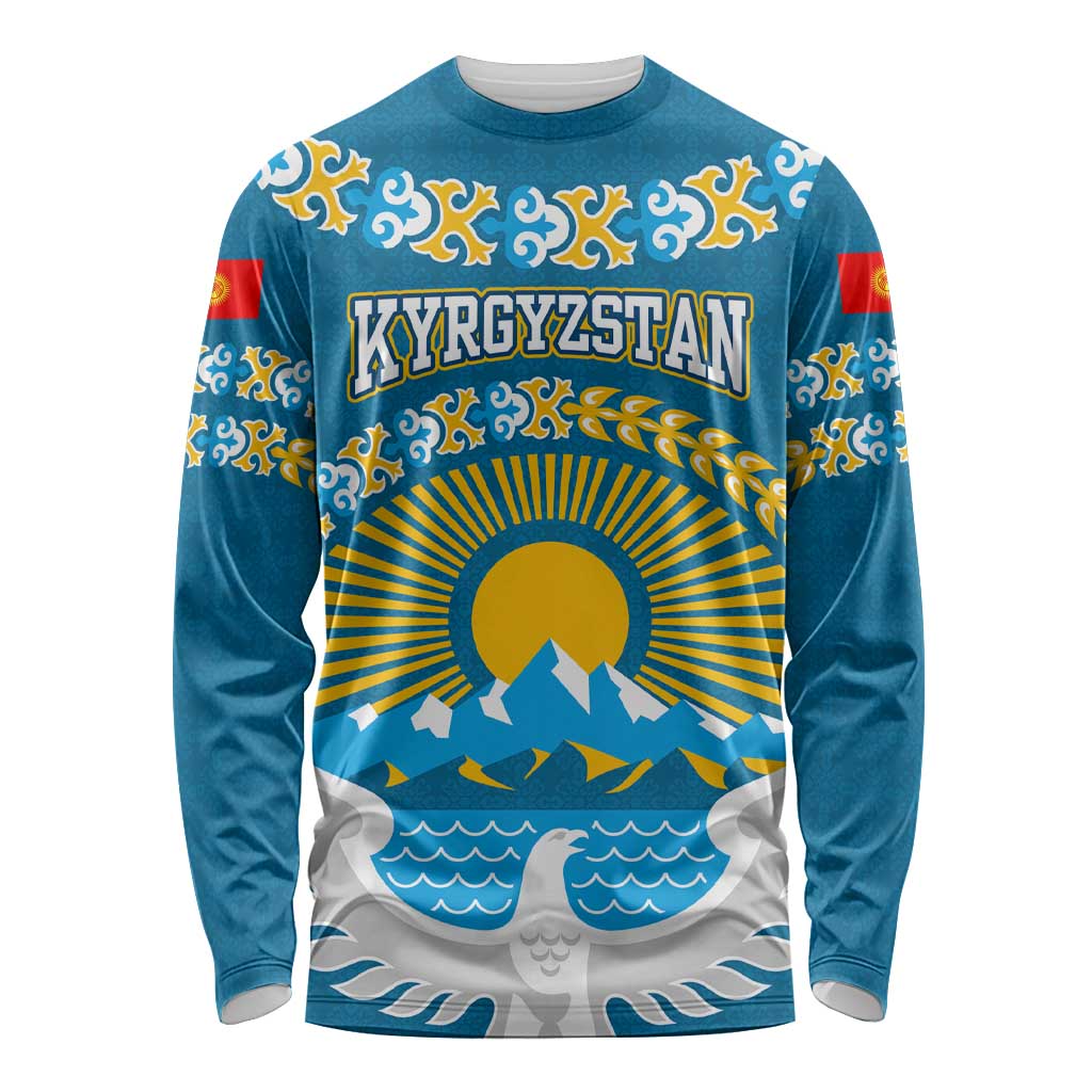 Kyrgyzstan Mountain Sunrise Long Sleeve Shirt with Blue with Eagle, Sun, and National Flag Design