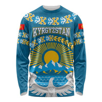 Kyrgyzstan Mountain Sunrise Long Sleeve Shirt with Blue with Eagle, Sun, and National Flag Design