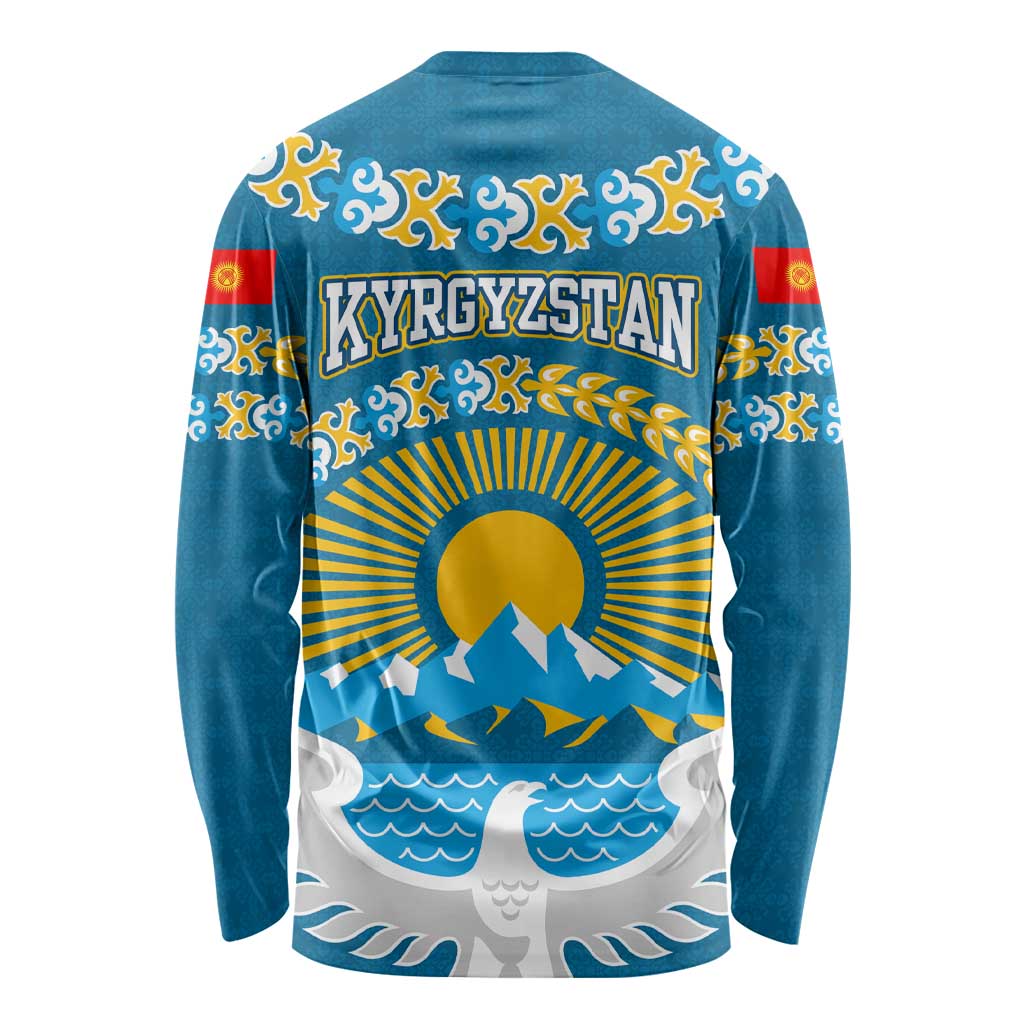 Kyrgyzstan Mountain Sunrise Long Sleeve Shirt with Blue with Eagle, Sun, and National Flag Design