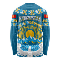 Kyrgyzstan Mountain Sunrise Long Sleeve Shirt with Blue with Eagle, Sun, and National Flag Design