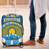 Kyrgyzstan Mountain Sunrise Luggage Cover with Blue with Eagle, Sun, and National Flag Design