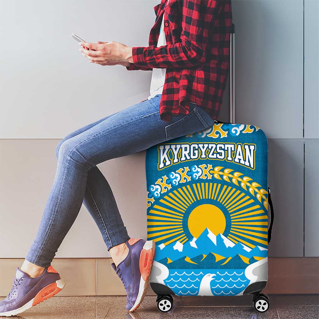 Kyrgyzstan Mountain Sunrise Luggage Cover with Blue with Eagle, Sun, and National Flag Design