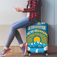 Kyrgyzstan Mountain Sunrise Luggage Cover with Blue with Eagle, Sun, and National Flag Design