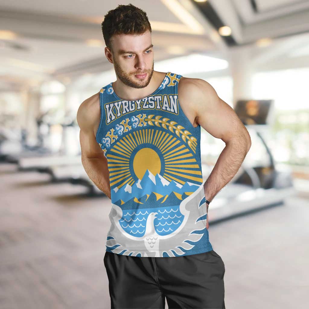 Kyrgyzstan Mountain Sunrise Men Tank Top with Blue with Eagle, Sun, and National Flag Design