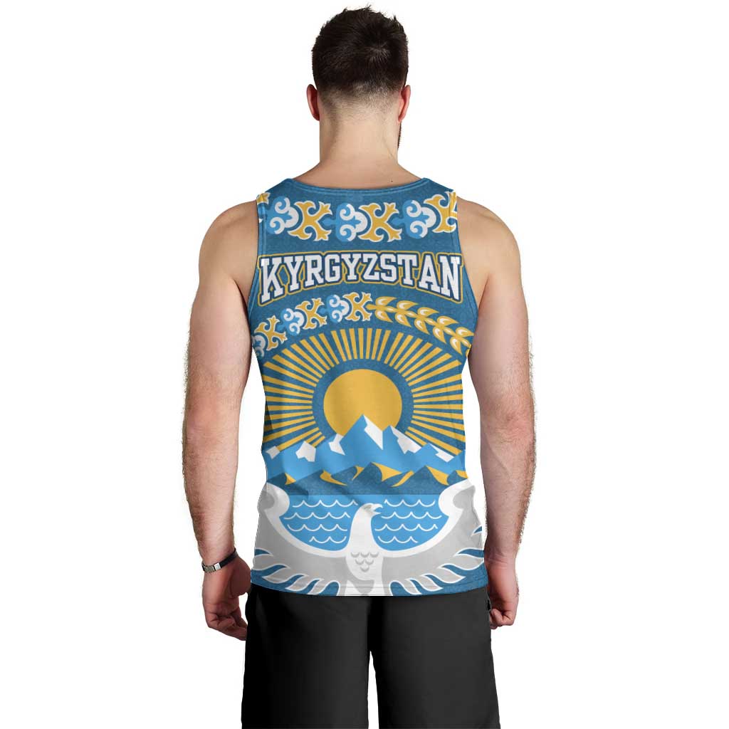 Kyrgyzstan Mountain Sunrise Men Tank Top with Blue with Eagle, Sun, and National Flag Design