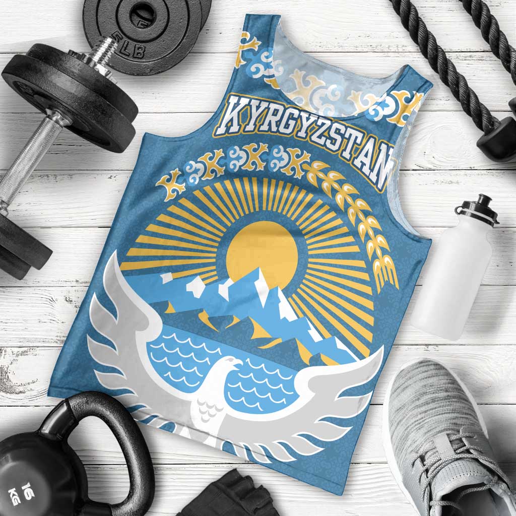 Kyrgyzstan Mountain Sunrise Men Tank Top with Blue with Eagle, Sun, and National Flag Design