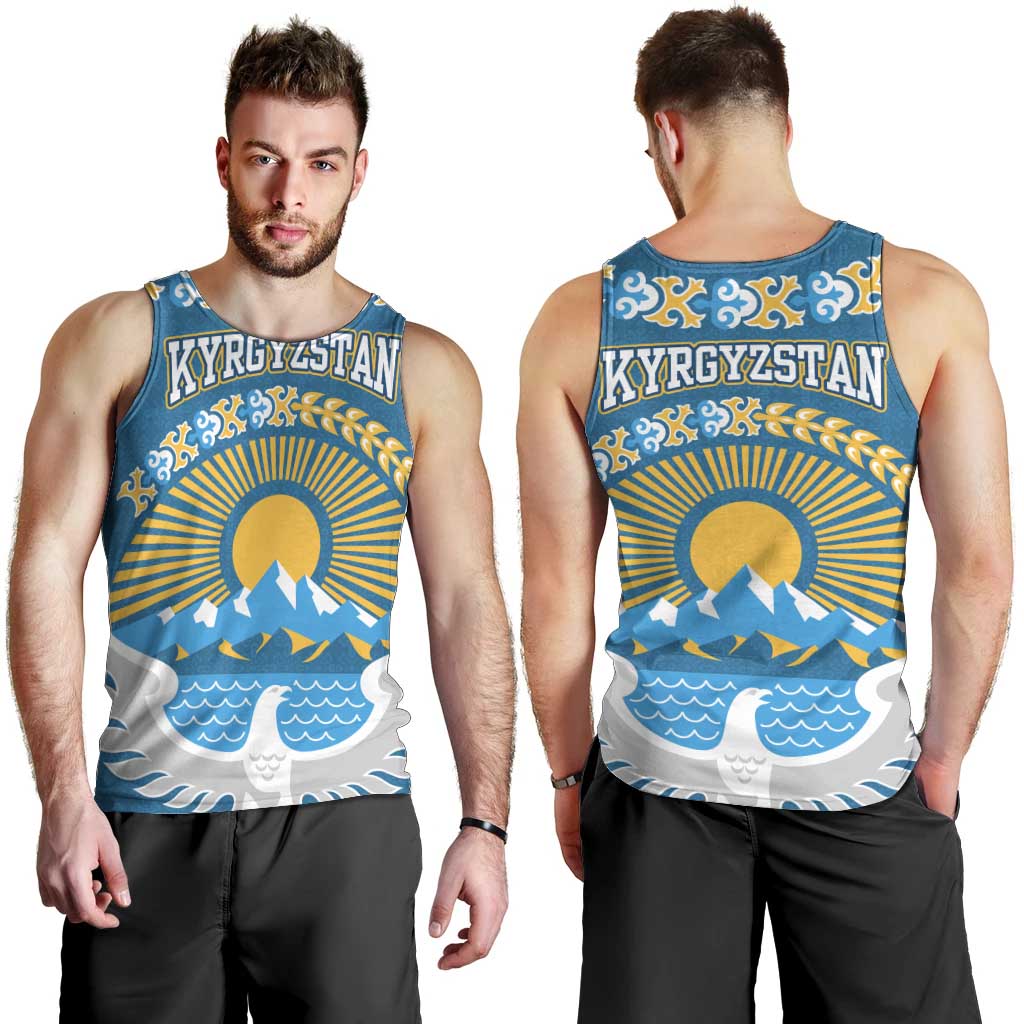 Kyrgyzstan Mountain Sunrise Men Tank Top with Blue with Eagle, Sun, and National Flag Design