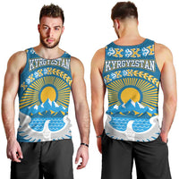 Kyrgyzstan Mountain Sunrise Men Tank Top with Blue with Eagle, Sun, and National Flag Design