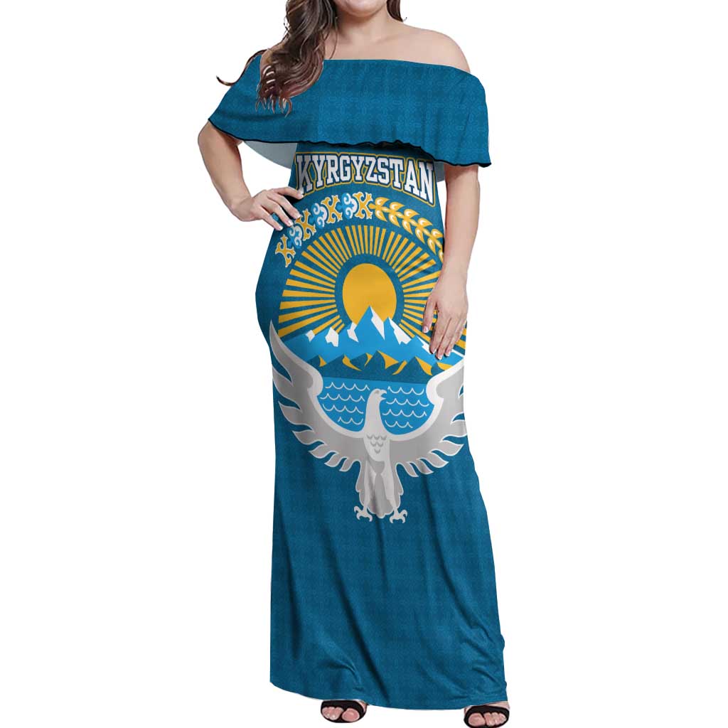 Kyrgyzstan Mountain Sunrise Off Shoulder Maxi Dress with Blue with Eagle, Sun, and National Flag Design