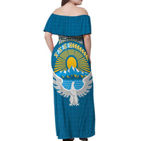 Kyrgyzstan Mountain Sunrise Off Shoulder Maxi Dress with Blue with Eagle, Sun, and National Flag Design