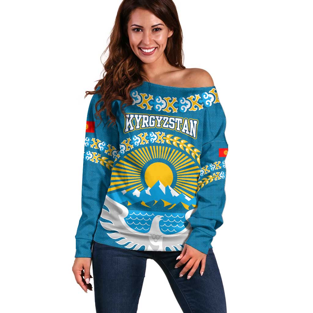 Kyrgyzstan Mountain Sunrise Off Shoulder Sweater with Blue with Eagle, Sun, and National Flag Design