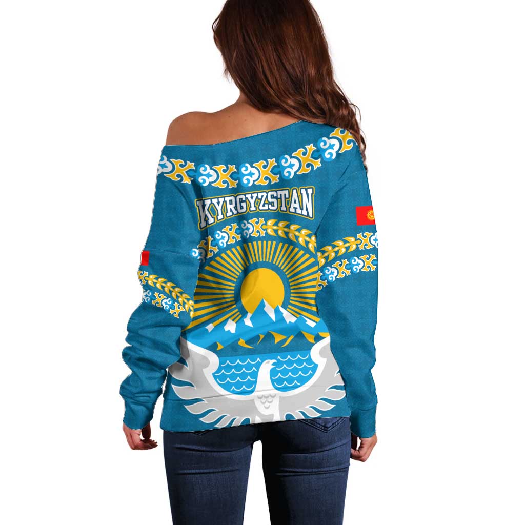 Kyrgyzstan Mountain Sunrise Off Shoulder Sweater with Blue with Eagle, Sun, and National Flag Design