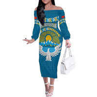 Kyrgyzstan Mountain Sunrise Off The Shoulder Long Sleeve Dress with Blue with Eagle, Sun, and National Flag Design