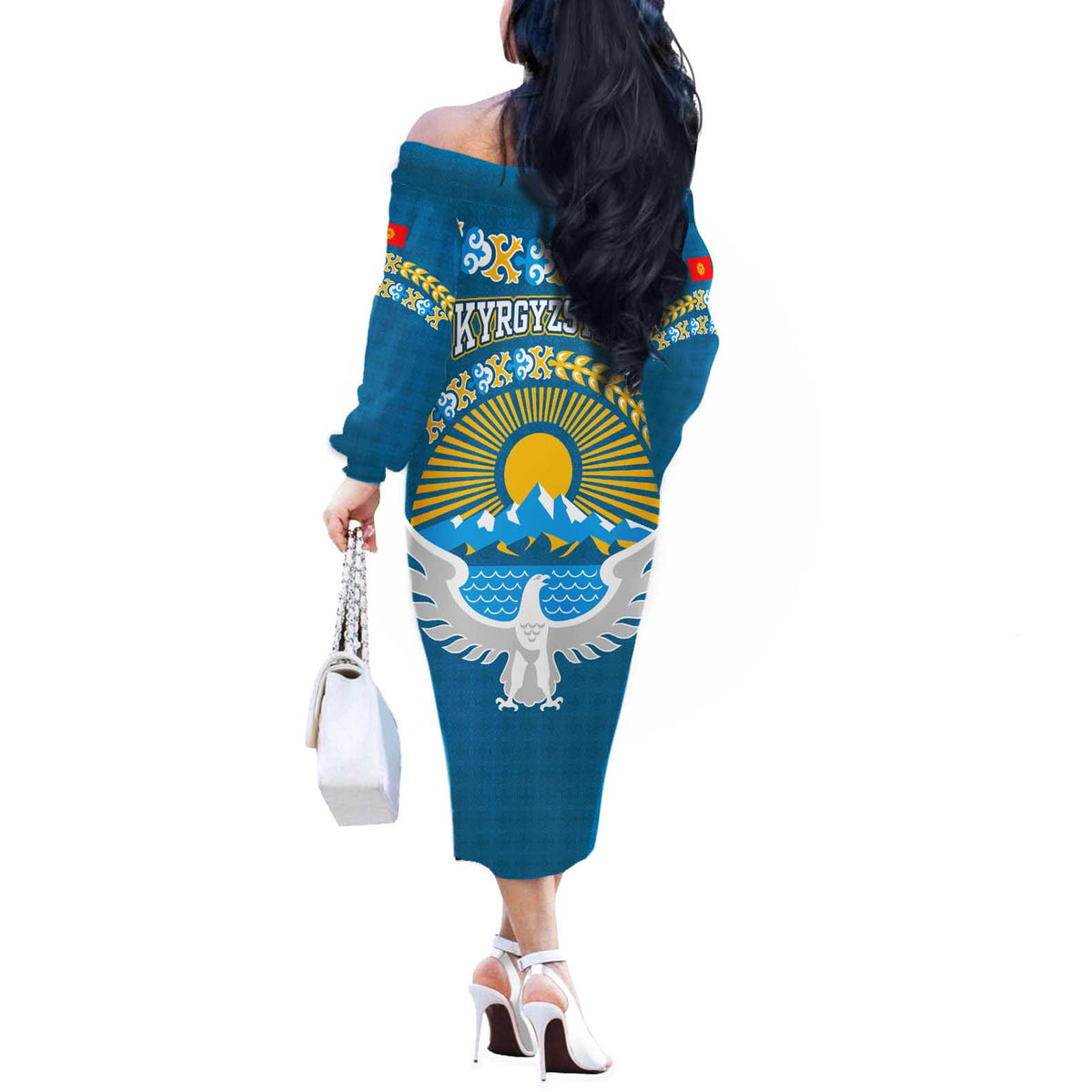 Kyrgyzstan Mountain Sunrise Off The Shoulder Long Sleeve Dress with Blue with Eagle, Sun, and National Flag Design