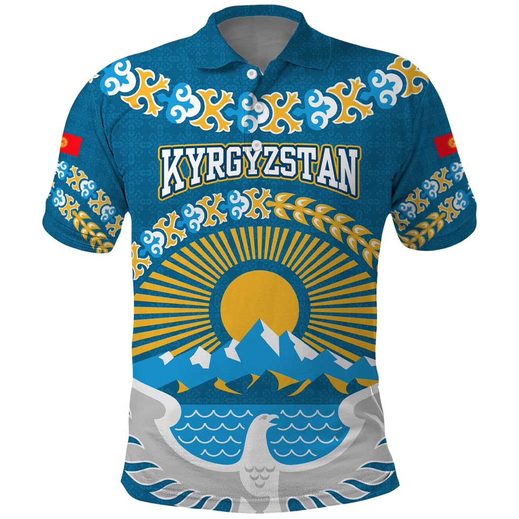 Kyrgyzstan Mountain Sunrise Polo Shirt with Blue with Eagle, Sun, and National Flag Design