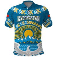 Kyrgyzstan Mountain Sunrise Polo Shirt with Blue with Eagle, Sun, and National Flag Design
