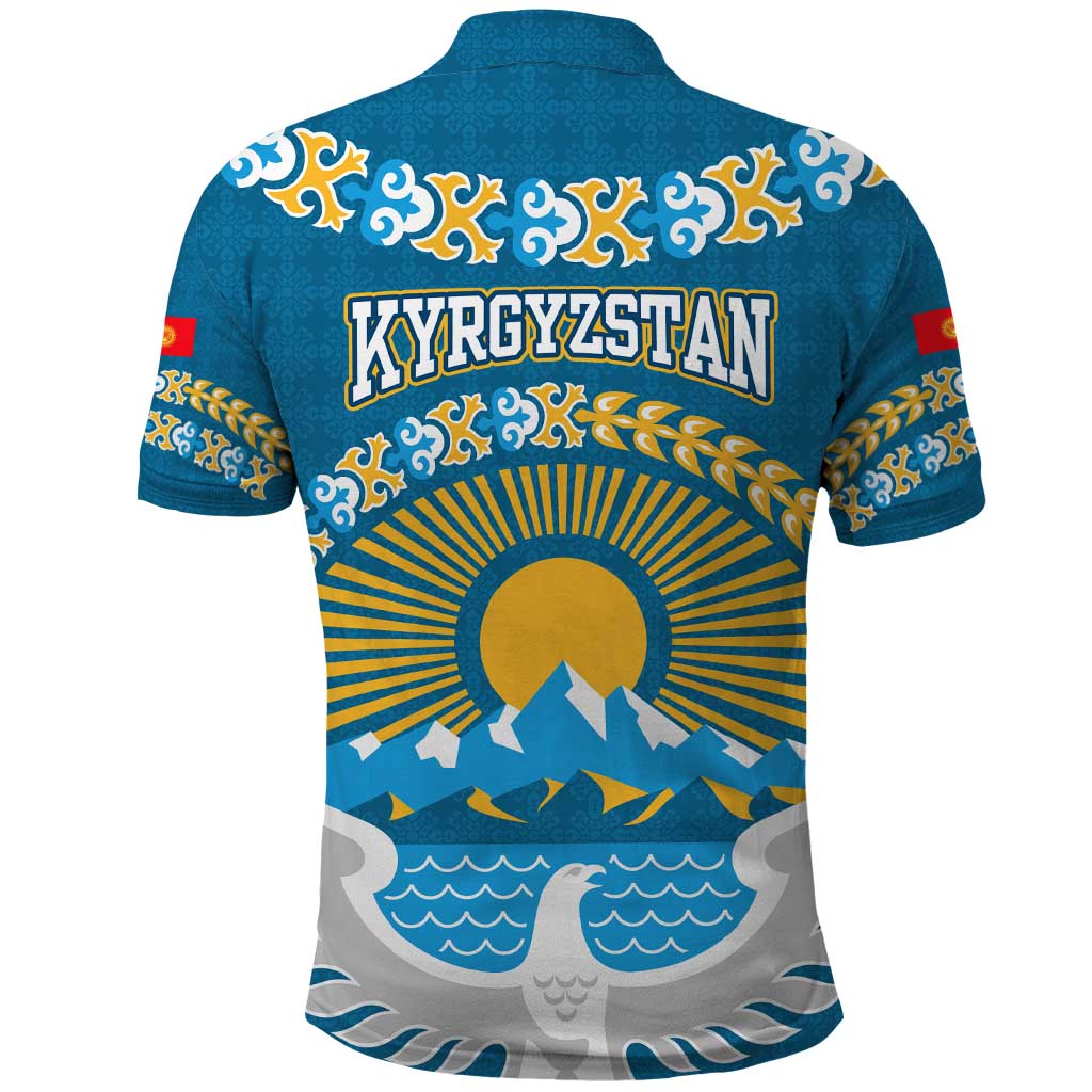 Kyrgyzstan Mountain Sunrise Polo Shirt with Blue with Eagle, Sun, and National Flag Design