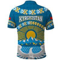 Kyrgyzstan Mountain Sunrise Polo Shirt with Blue with Eagle, Sun, and National Flag Design