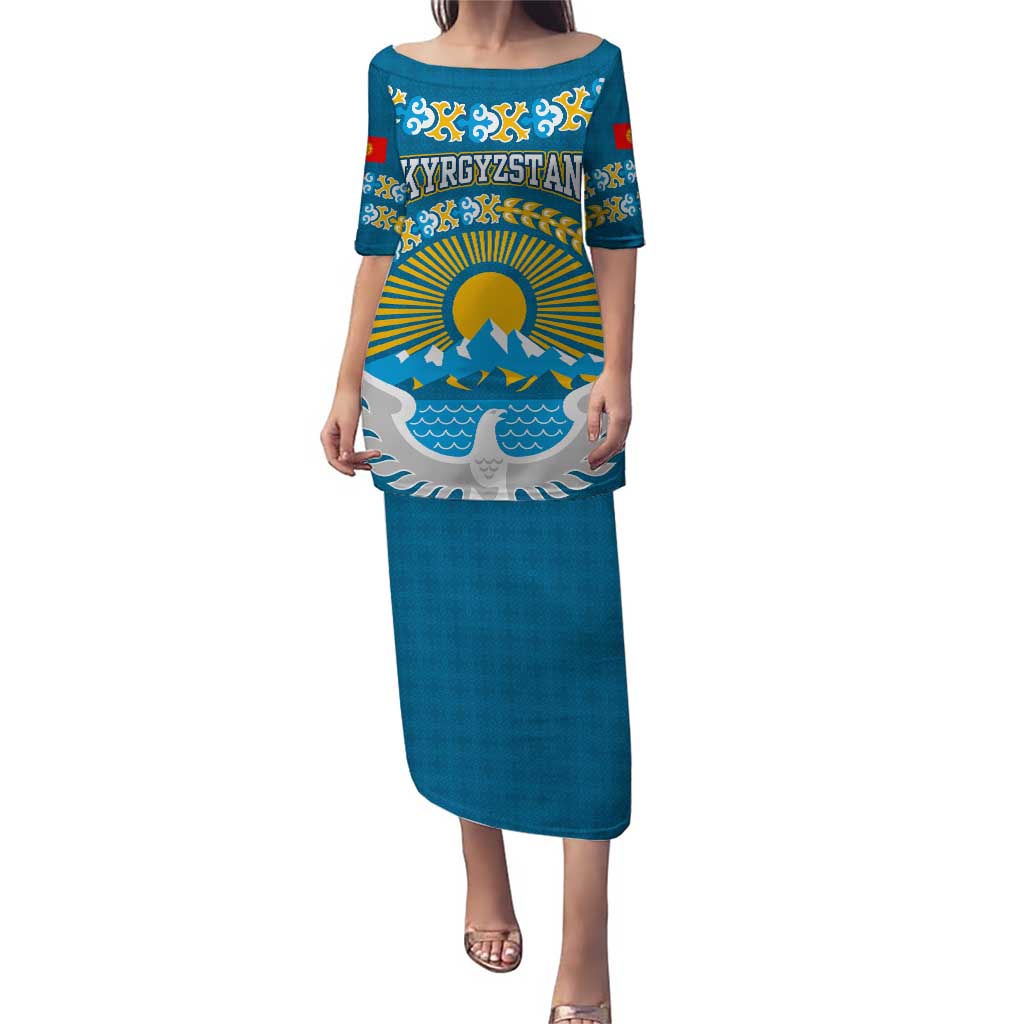 Kyrgyzstan Mountain Sunrise Puletasi with Blue with Eagle, Sun, and National Flag Design