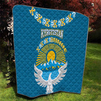 Kyrgyzstan Mountain Sunrise Quilt with Blue with Eagle, Sun, and National Flag Design