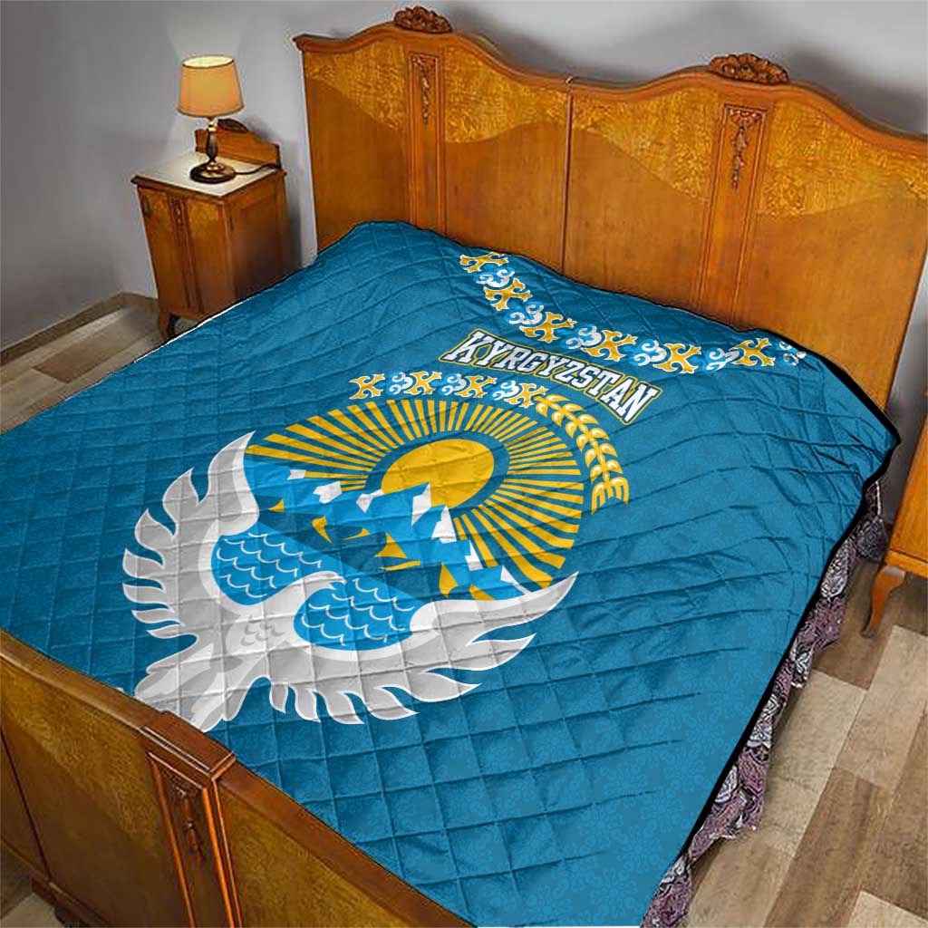 Kyrgyzstan Mountain Sunrise Quilt with Blue with Eagle, Sun, and National Flag Design